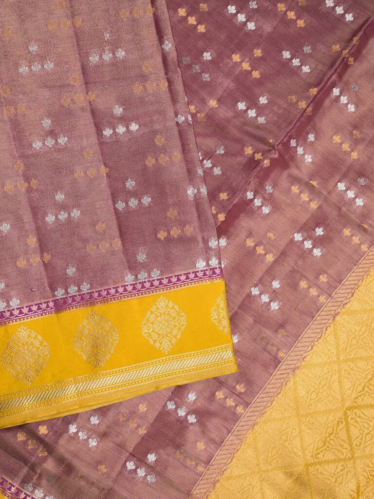 Dupion tissue fancy saree onion pink color allover zari motifs & zari border with brocade pallu and brocade blouse