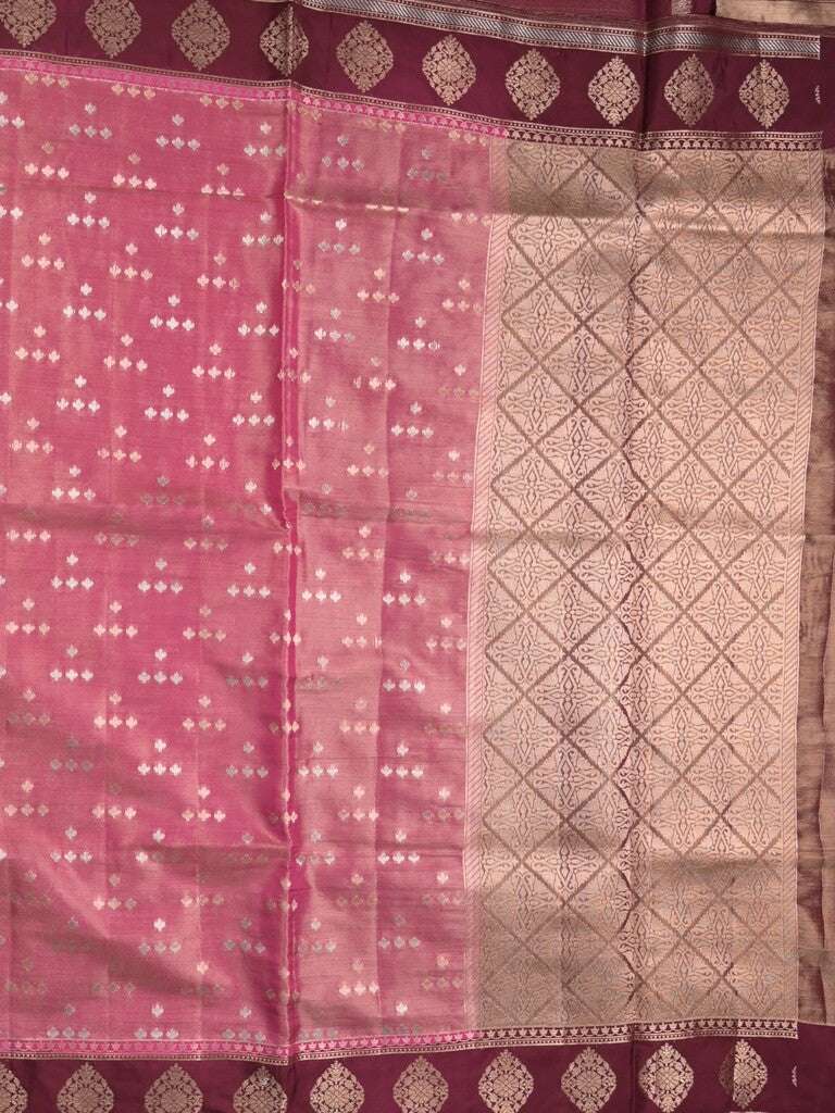 Dupion tissue fancy saree pink color allover zari motifs & zari border with brocade pallu and brocade blouse