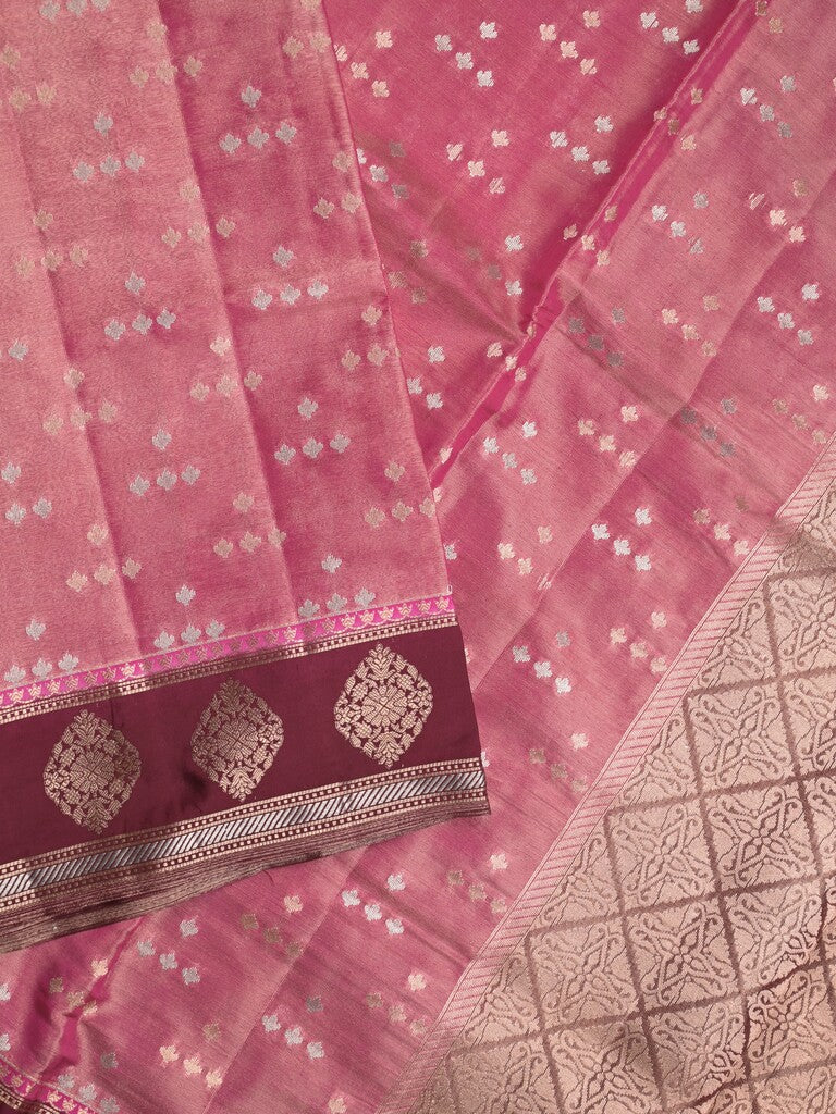 Dupion tissue fancy saree pink color allover zari motifs & zari border with brocade pallu and brocade blouse
