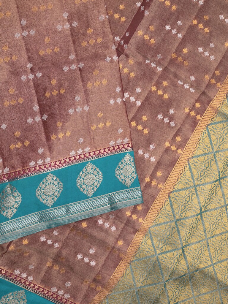 Dupion tissue fancy saree brown color allover zari motifs & zari border with brocade pallu and brocade blouse