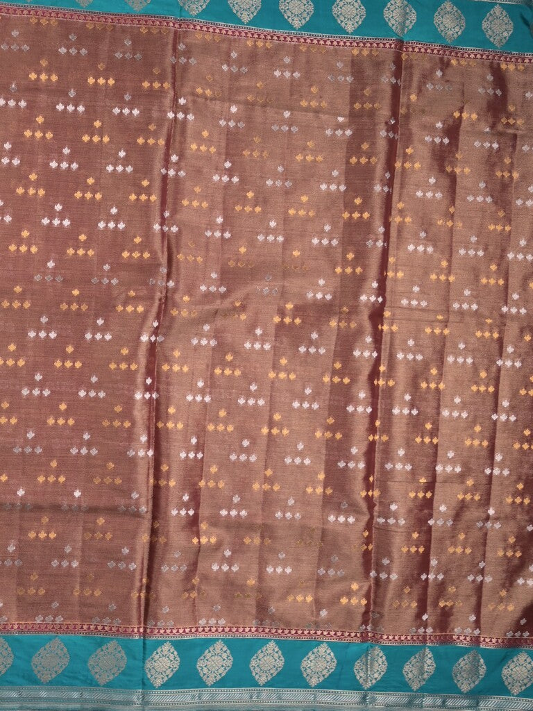 Dupion tissue fancy saree brown color allover zari motifs & zari border with brocade pallu and brocade blouse