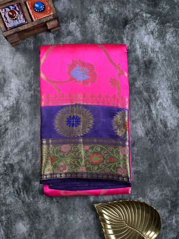 Akshara silk pattu saree pink color allover zari weaves & zari border with contrast brocade pallu and brocade blouse