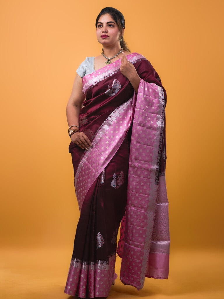 Chiniya pattu saree brown color allover zari weaves & zari border with brocade pallu and attached contrast blouse