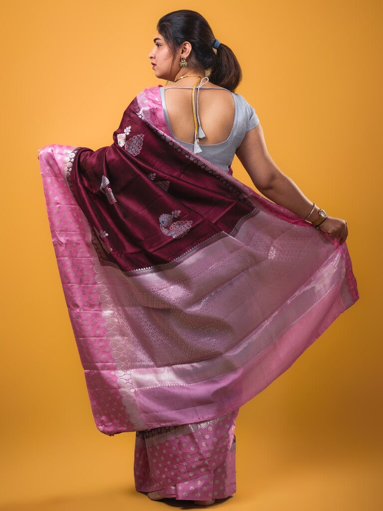 Chiniya pattu saree brown color allover zari weaves & zari border with brocade pallu and attached contrast blouse