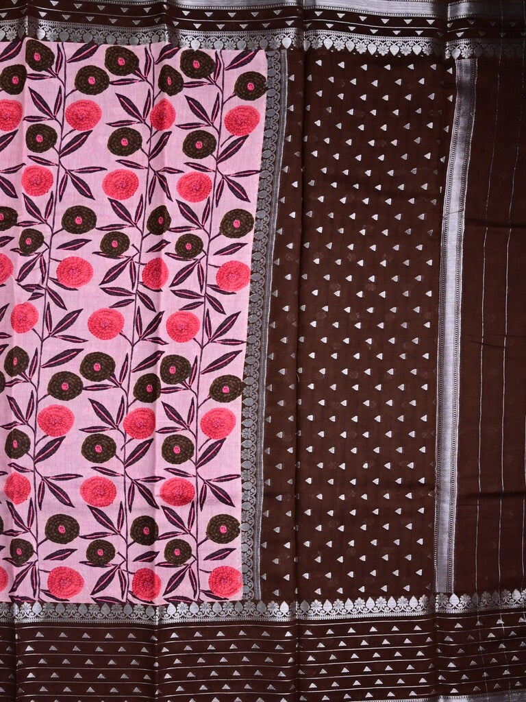 Munga pattu saree pink color allover prints & zari border with contrast pallu and attached blouse