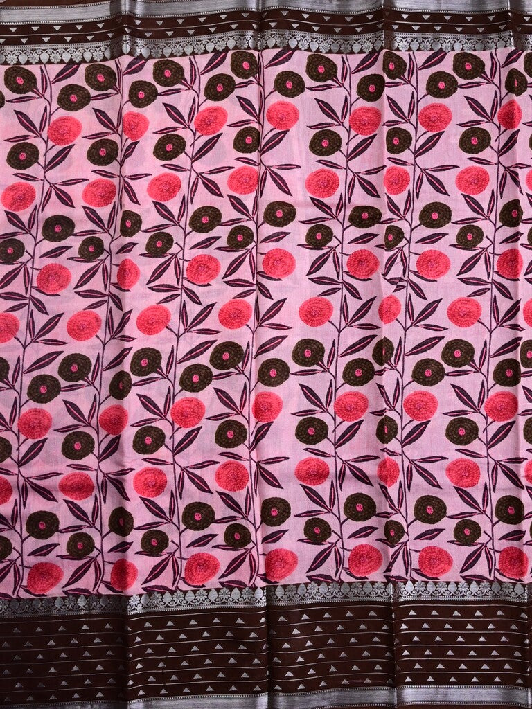 Munga pattu saree pink color allover prints & zari border with contrast pallu and attached blouse