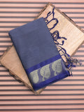Dhaka cotton saree navy blue color allover plain & small border with contrast pallu and attached plain blouse