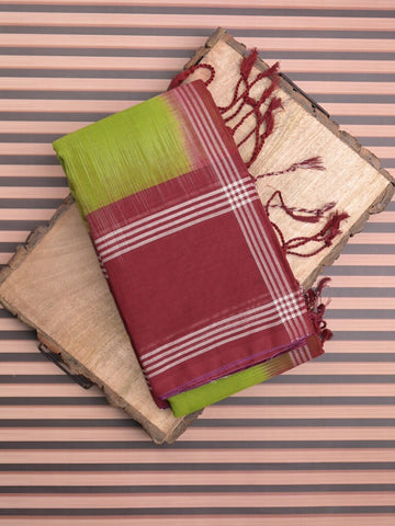 Dhaka cotton saree parrot green color allover weaves & kaddi border with contrast pallu and attached plain blouse