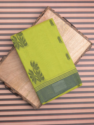 Kanchi cotton saree light green color allover thread weaves & kaddi border with weaving pallu and attached plain blouse