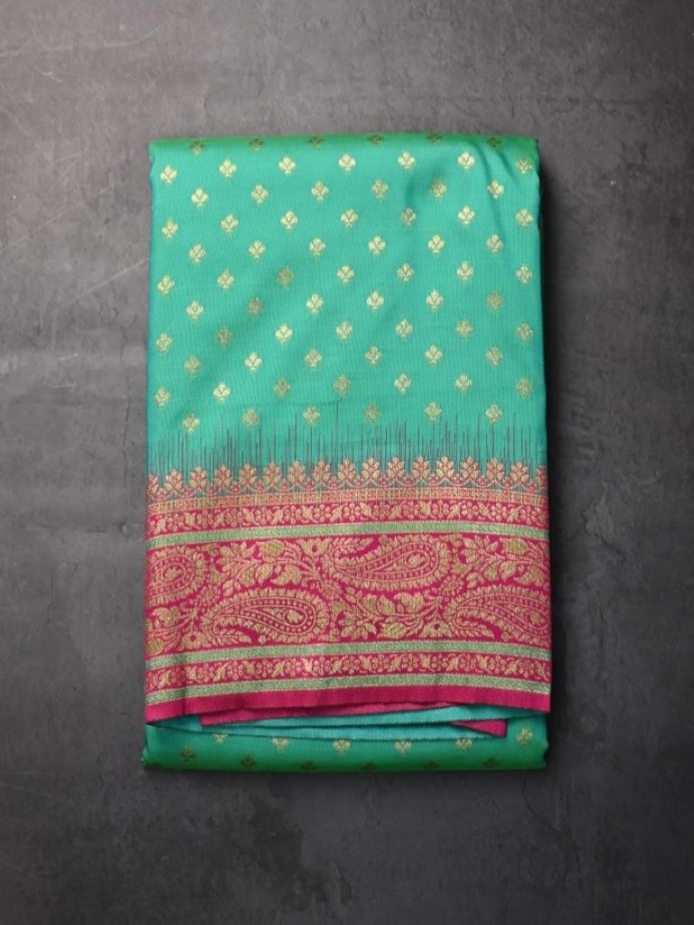 Banaras fancy saree lux green color allover zari motifs & zari border with contrast rich pallu and brocade blouse