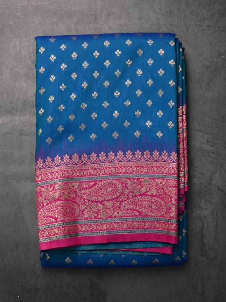 Banaras fancy saree dark blue color allover zari motifs & zari border with contrast rich pallu and brocade blouse