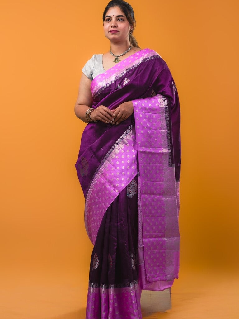 Chiniya pattu saree wine color allover zari weaves & zari border with brocade pallu and attached contrast blouse