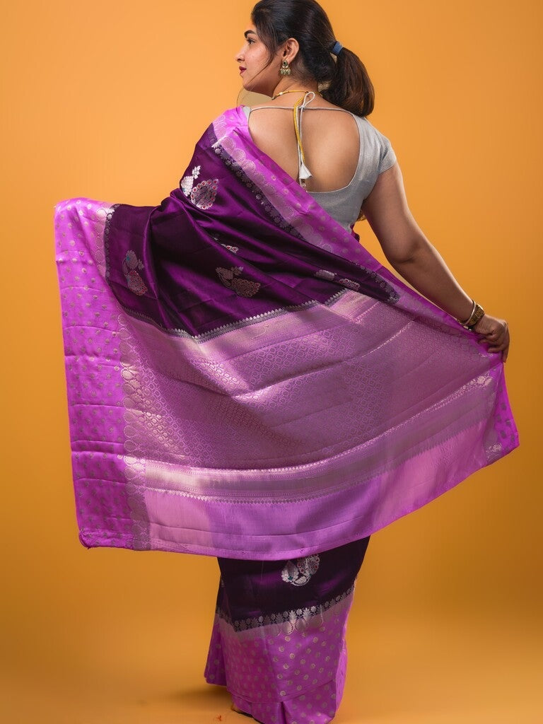 Chiniya pattu saree wine color allover zari weaves & zari border with brocade pallu and attached contrast blouse