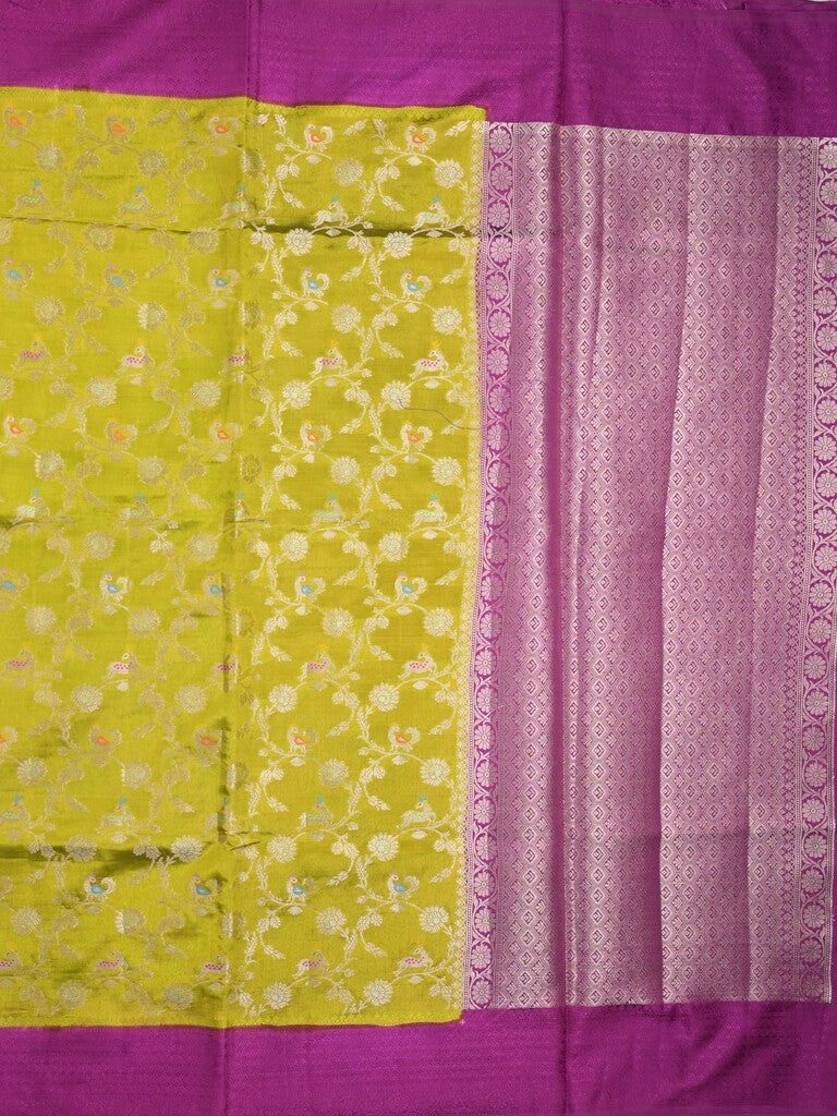 Raw mango fancy saree mustard green color allover zari weaves & kaddi border with brocade pallu and contrast plain blouse