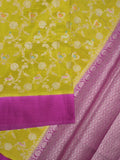 Raw mango fancy saree mustard green color allover zari weaves & kaddi border with brocade pallu and contrast plain blouse
