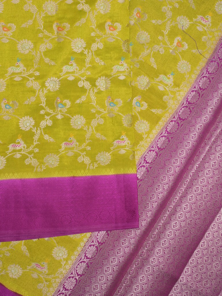 Raw mango fancy saree mustard green color allover zari weaves & kaddi border with brocade pallu and contrast plain blouse