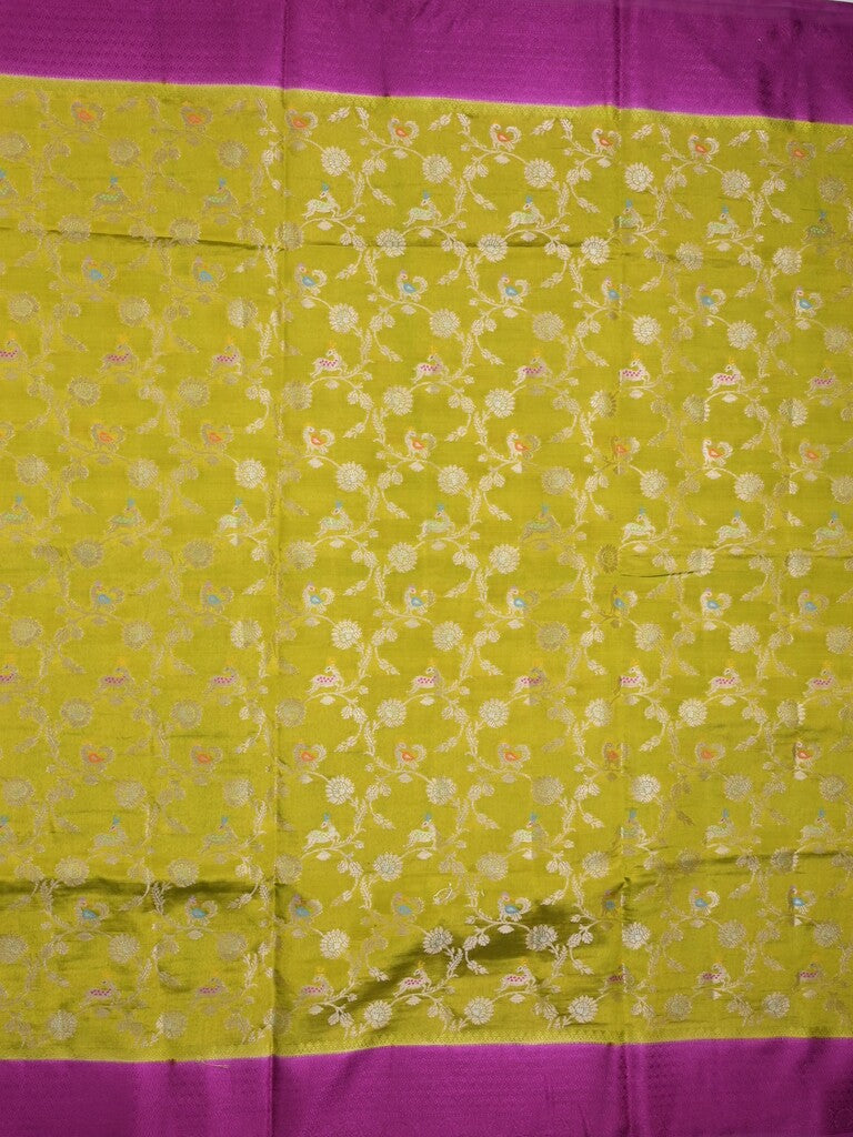 Raw mango fancy saree mustard green color allover zari weaves & kaddi border with brocade pallu and contrast plain blouse