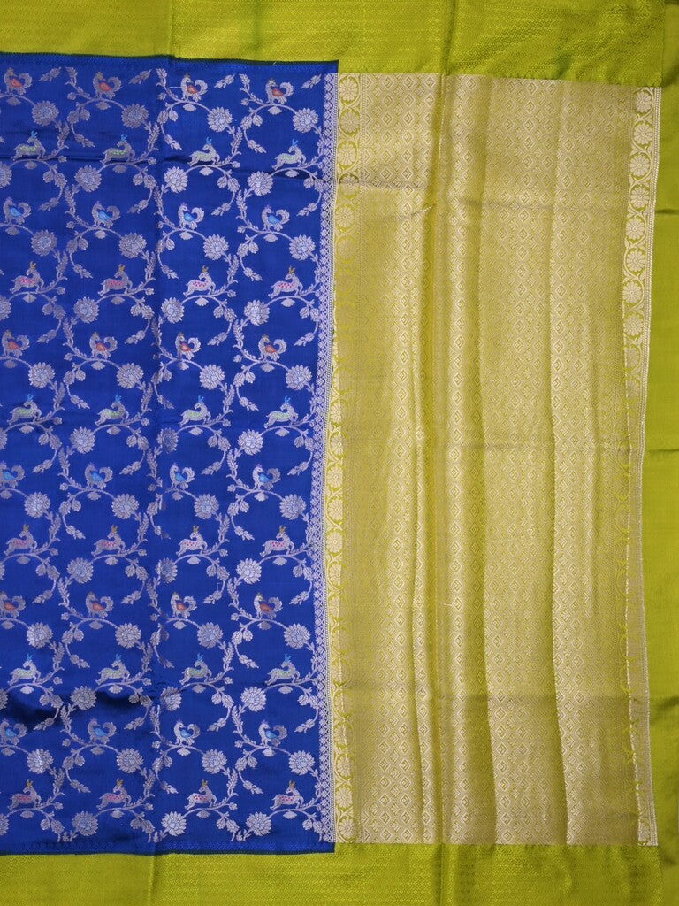 Raw mango fancy saree royal blue color allover zari weaves & kaddi border with brocade pallu and contrast plain blouse