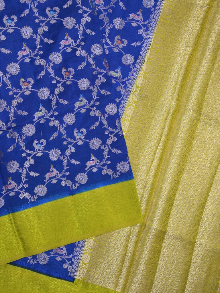Raw mango fancy saree royal blue color allover zari weaves & kaddi border with brocade pallu and contrast plain blouse