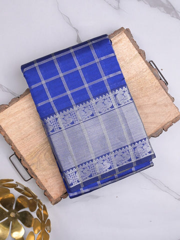 Mangalagiri fancy saree royal blue color allover zari checks & kanchi border with stripes pallu and contrast blouse