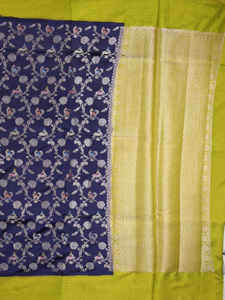 Raw mango fancy saree navy blue color allover zari weaves & kaddi border with brocade pallu and contrast plain blouse