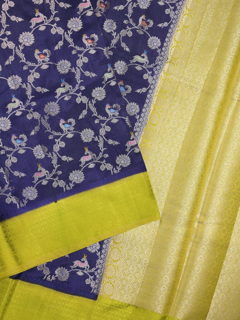 Raw mango fancy saree navy blue color allover zari weaves & kaddi border with brocade pallu and contrast plain blouse