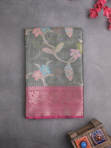 Chanderi tissue fancy saree grey color allover zari weaves & zari border with short pallu and contrast blouse