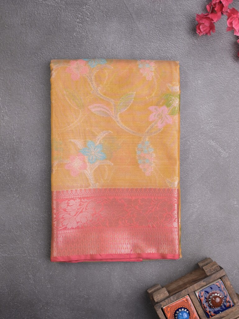 Chanderi tissue fancy saree light yellow color allover zari weaves & zari border with short pallu and contrast blouse