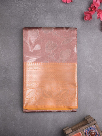 Chanderi fancy saree peach color allover zari motifs & zari border with short pallu and contrast blouse