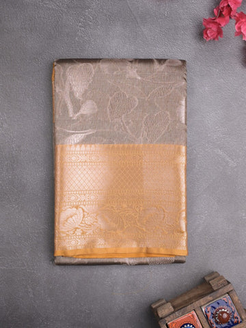Chanderi fancy saree grey color allover zari motifs & zari border with short pallu and contrast blouse