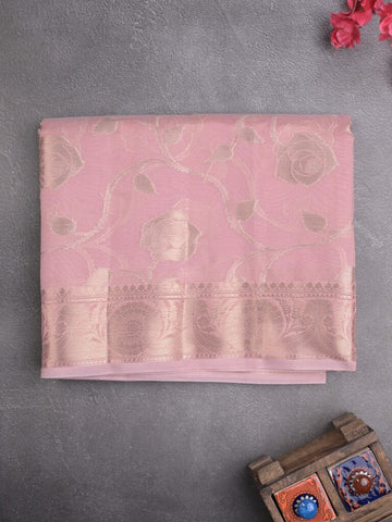 Chanderi kora fancy saree baby pink color allover zari weaves & zari border with brocade pallu and attached brocade blouse