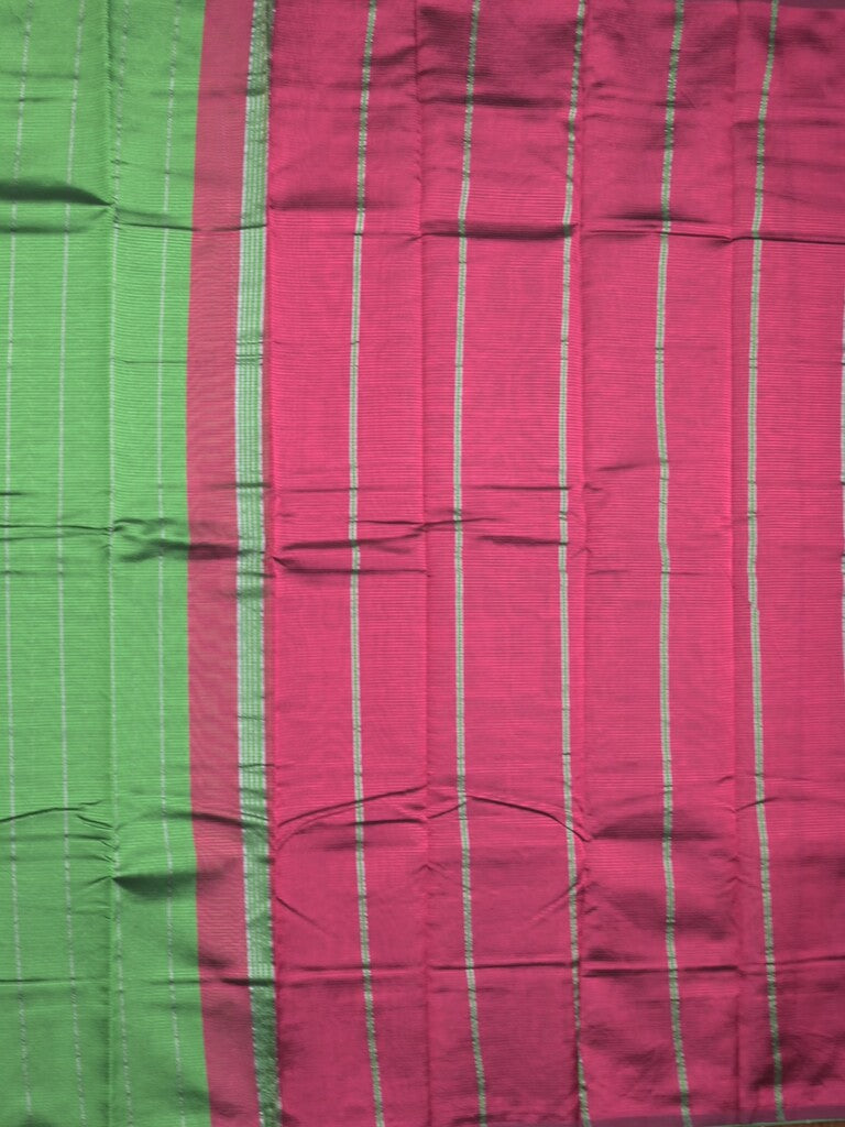 Mangalagiri fancy saree bottle green color allover zari stripes with contrast pallu and plain blouse