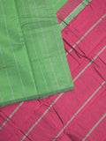 Mangalagiri fancy saree bottle green color allover zari stripes with contrast pallu and plain blouse