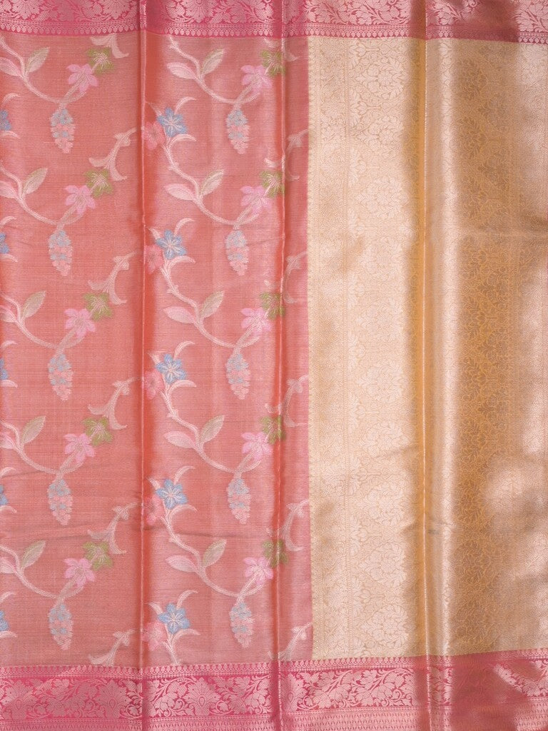 Chanderi tissue fancy saree peach color allover zari weaves & zari border with short pallu and contrast blouse