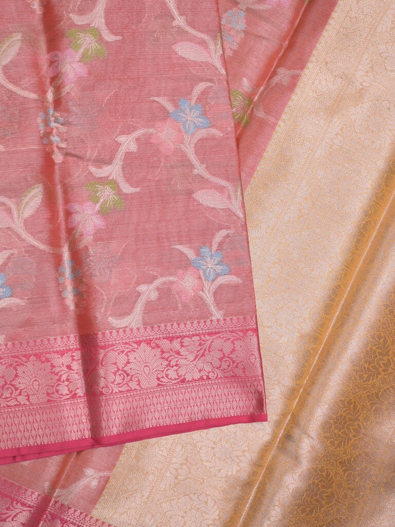 Chanderi tissue fancy saree peach color allover zari weaves & zari border with short pallu and contrast blouse