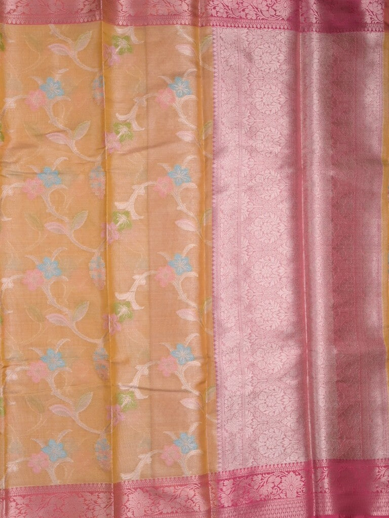 Chanderi tissue fancy saree light yellow color allover zari weaves & zari border with short pallu and contrast blouse
