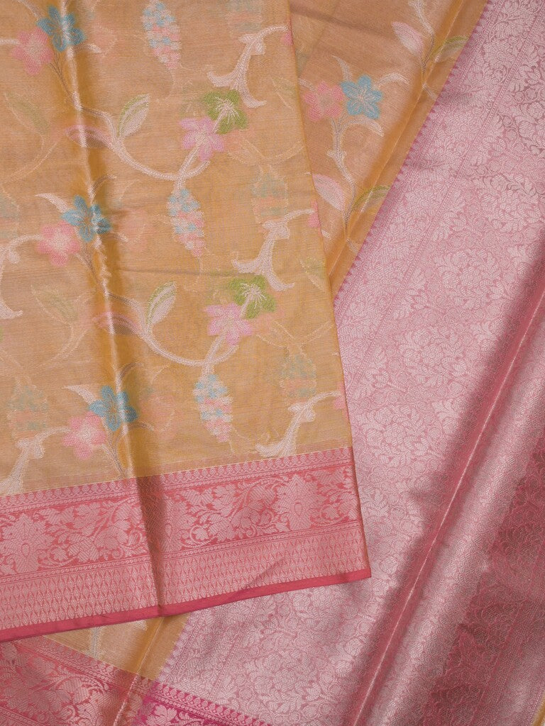 Chanderi tissue fancy saree light yellow color allover zari weaves & zari border with short pallu and contrast blouse