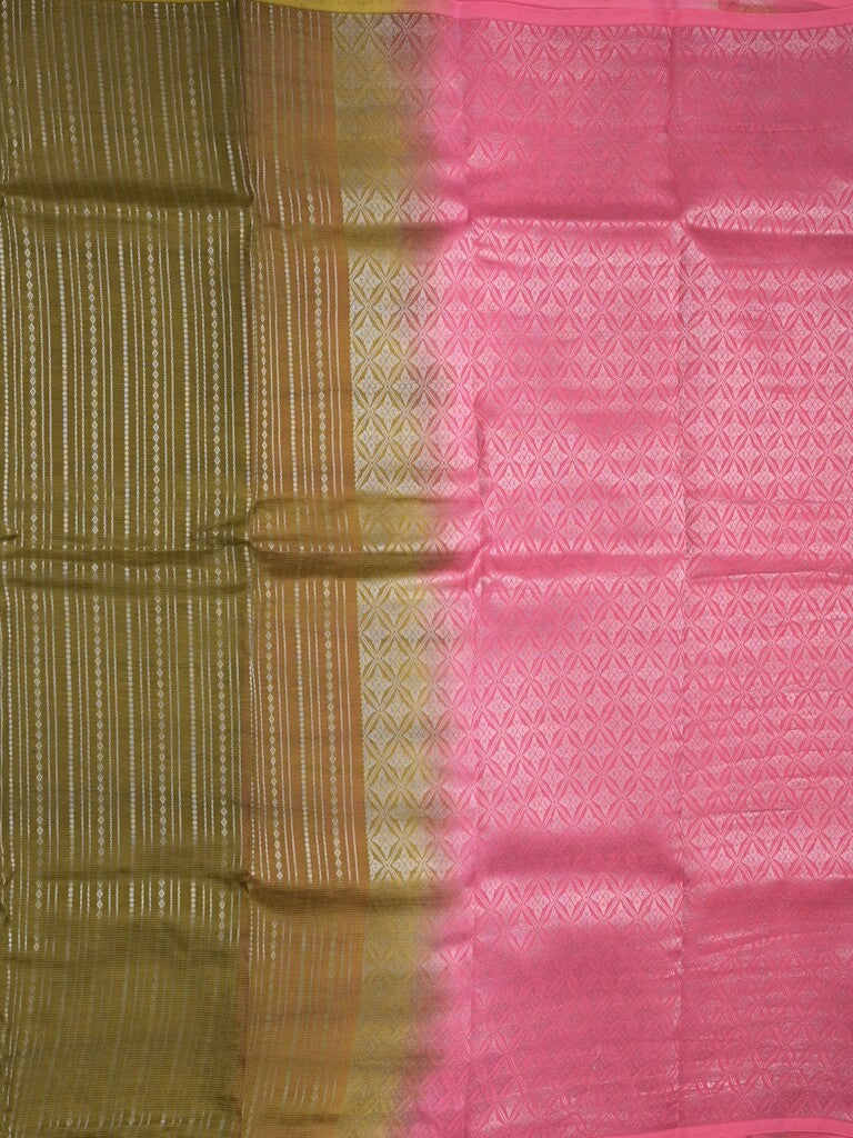 Mangalagiri fancy saree olive green color allover zari stripes with contrast pallu and contrast plain blouse