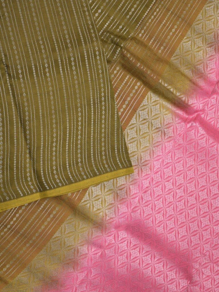 Mangalagiri fancy saree olive green color allover zari stripes with contrast pallu and contrast plain blouse