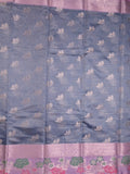 Chanderi fancy saree bluish grey color allover zari motifs & zari border with short pallu and contrast blouse