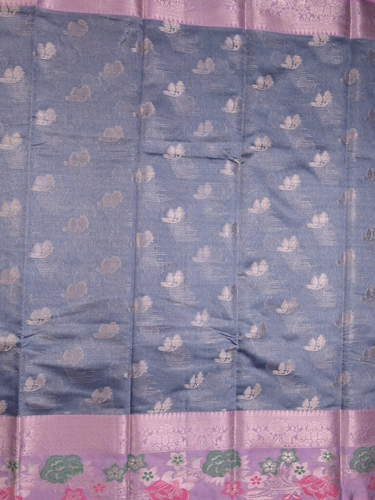 Chanderi fancy saree bluish grey color allover zari motifs & zari border with short pallu and contrast blouse