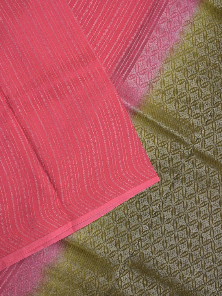 Mangalagiri fancy saree pink color allover zari stripes with contrast pallu and contrast plain blouse
