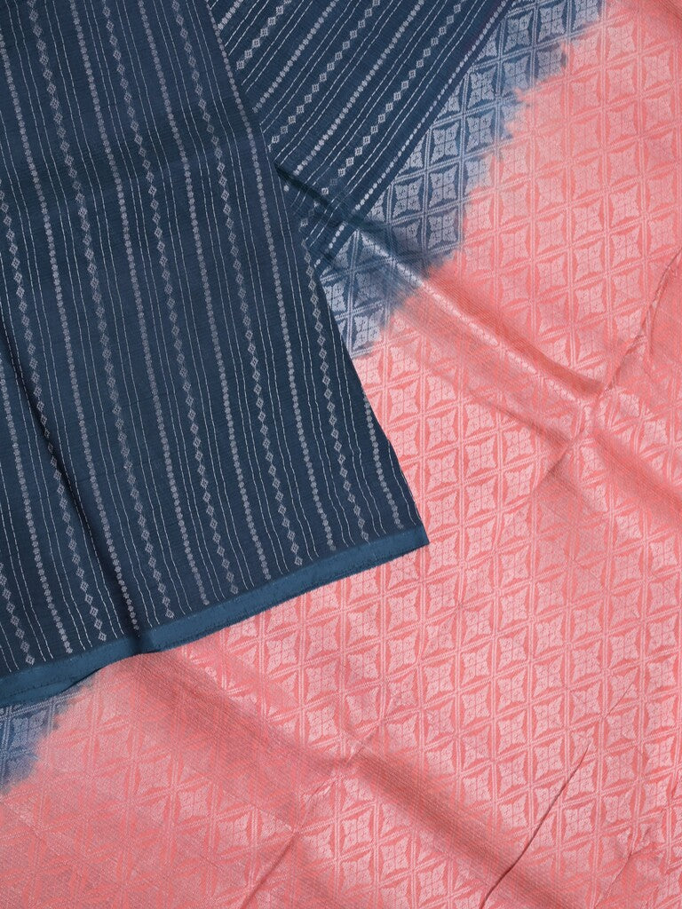 Mangalagiri fancy saree navy blue color allover zari stripes with contrast pallu and contrast plain blouse