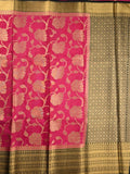 Kora georgette saree pink and green color with allover gold zari weaves, big zari border, short pallu and brocade blouse