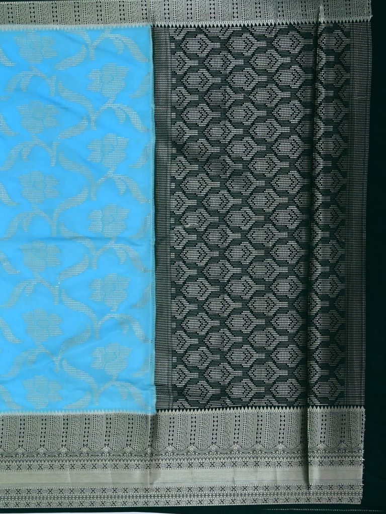 Banaras fancy saree sky blue color allover zari weaves & zari border with rich pallu and contrast brocade blouse