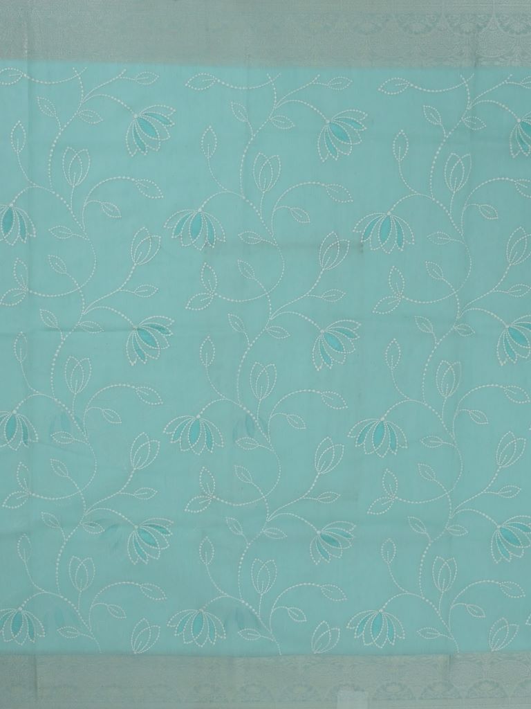 Chanderi fancy saree light blue color with allover weaves & zari border with short pallu and plain blouse