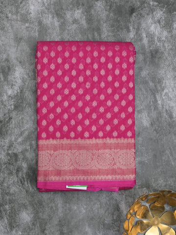 Chanderi kora fancy saree magenta color allover zari motifs & zari border with rich pallu and plain blouse