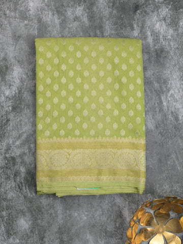 Chanderi kora fancy saree light green color allover zari motifs & zari border with rich pallu and plain blouse