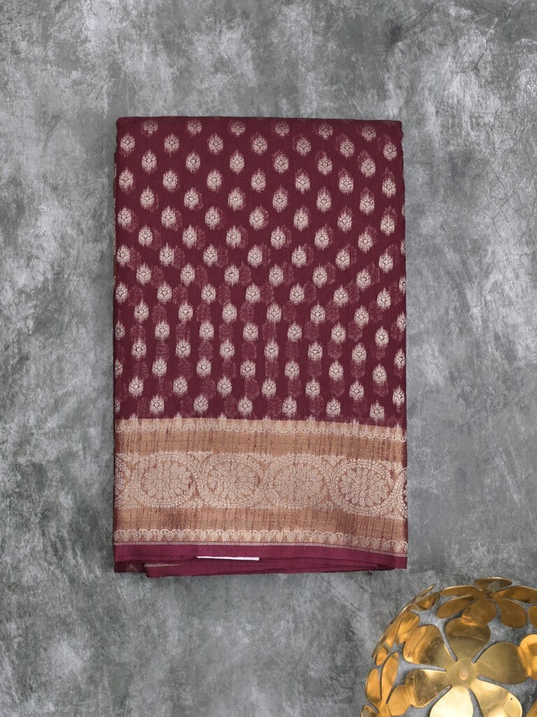 Chanderi kora fancy saree dark brown color allover zari motifs & zari border with rich pallu and plain blouse