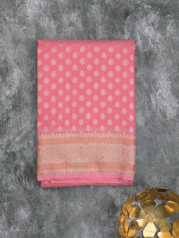 Chanderi kora fancy saree light pink color allover zari motifs & zari border with rich pallu and plain blouse